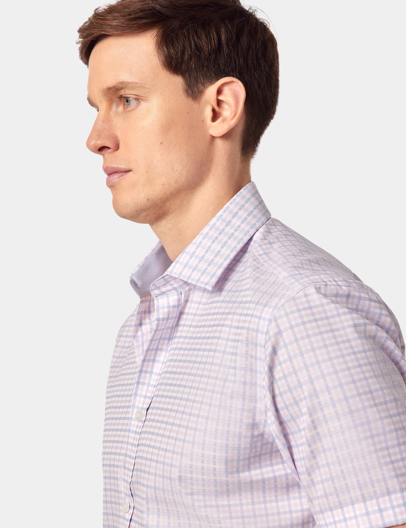 Hawes & Curtis Slim Fit Blue & Pink Check Non-Iron Shirt | Short Sleeve Size: Small image 3