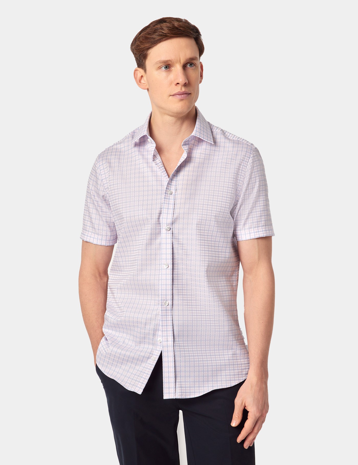 Hawes & Curtis Slim Fit Blue & Pink Check Non-Iron Shirt | Short Sleeve Size: Small image 4