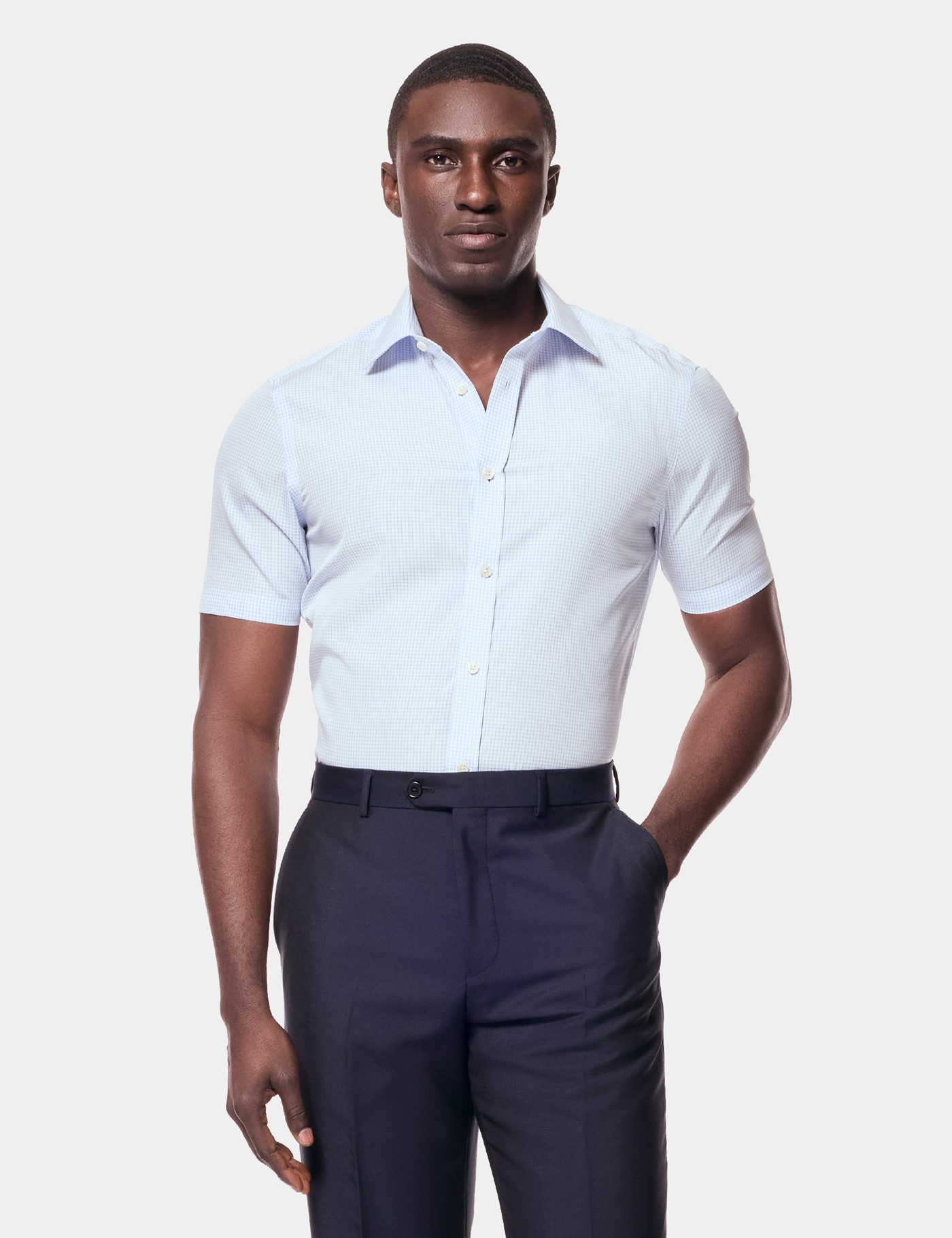 Hawes & Curtis Slim Fit Blue & White Grid Check Non-Iron Shirt | Short Sleeve Size: XXXL