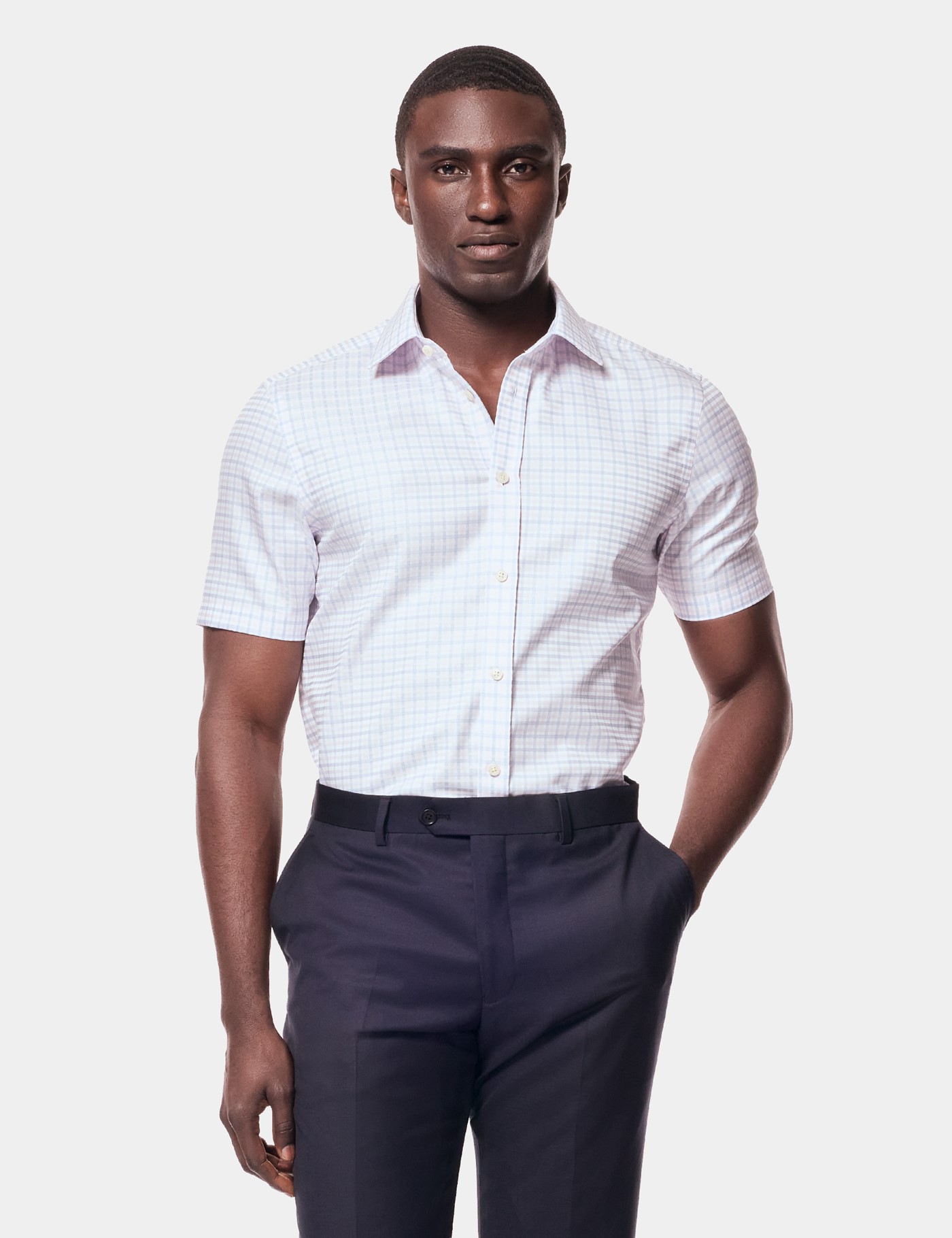 Hawes & Curtis Slim Fit Blue & Pink Multi Check Non-Iron Shirt | Short Sleeve Size: Small