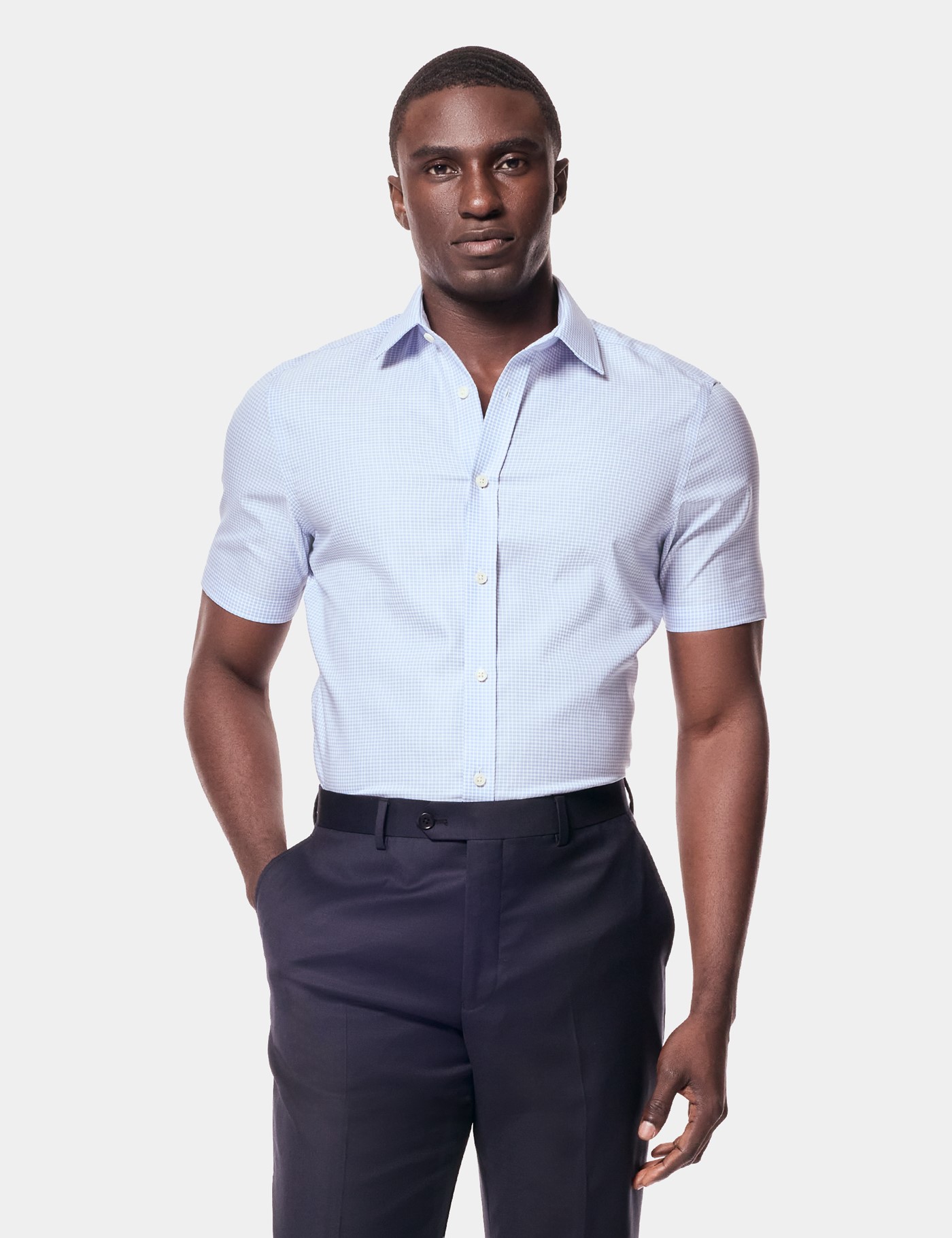 Hawes & Curtis Slim Fit Blue & White Mini Check Non-Iron Shirt | Short Sleeve Size: Medium