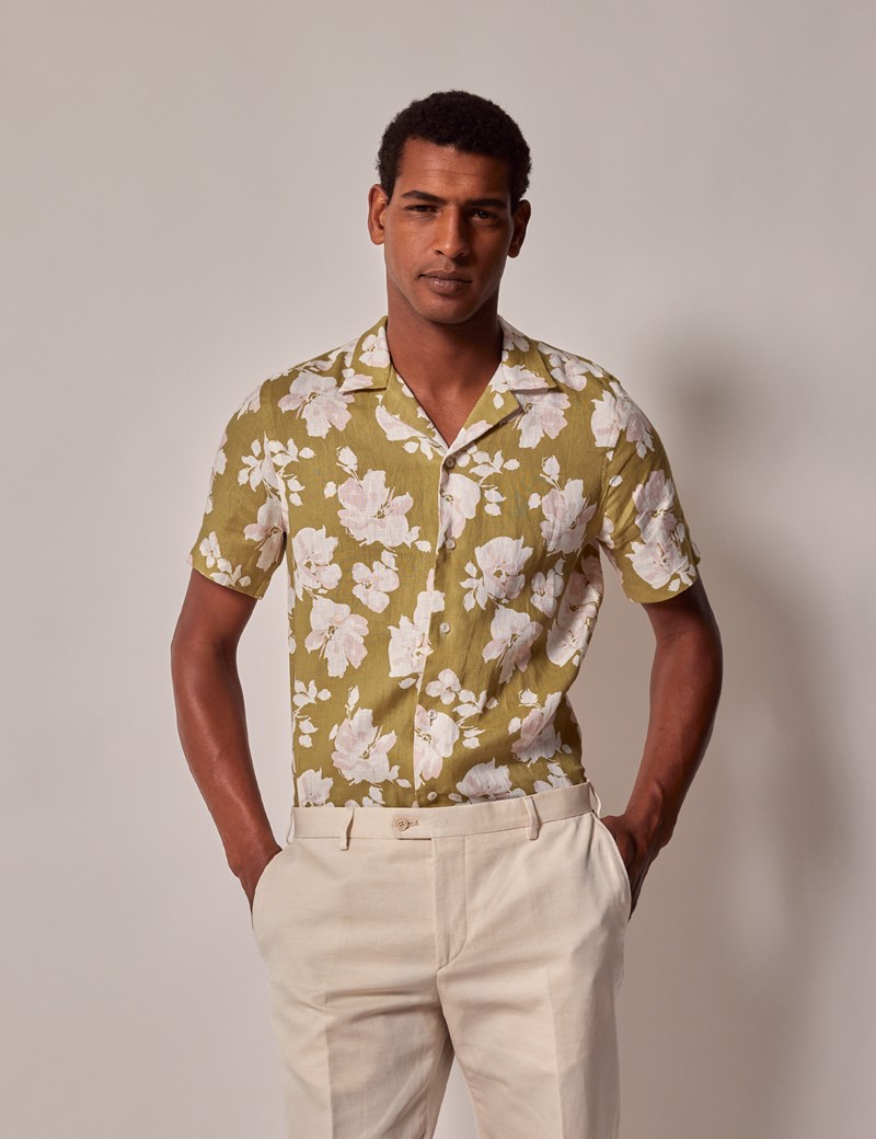 Men S Green White Floral Linen Slim Short Sleeve Shirt Revere