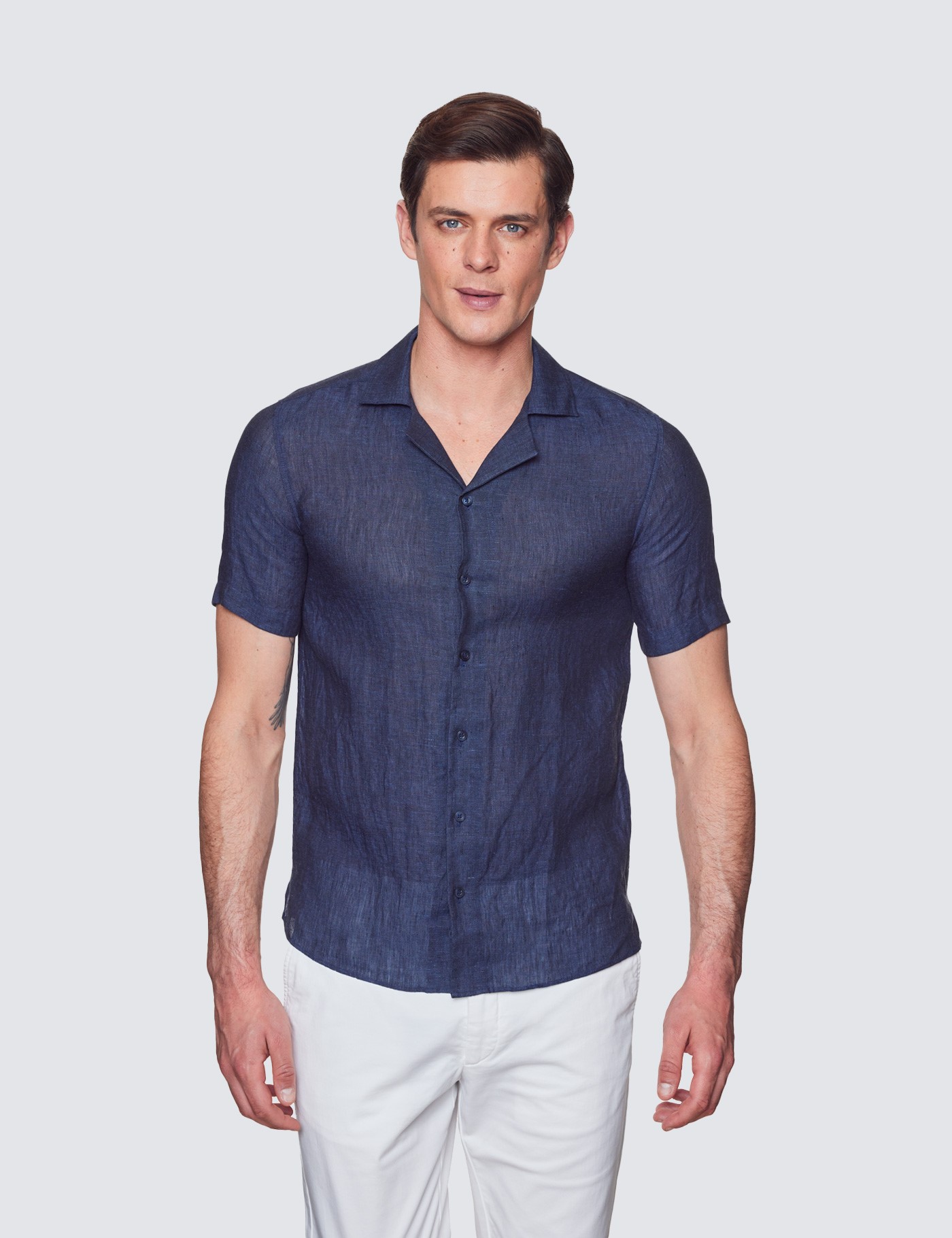 Navy Linen Slim Fit Short Sleeve Shirt With Revere Collar | Hawes & Curtis