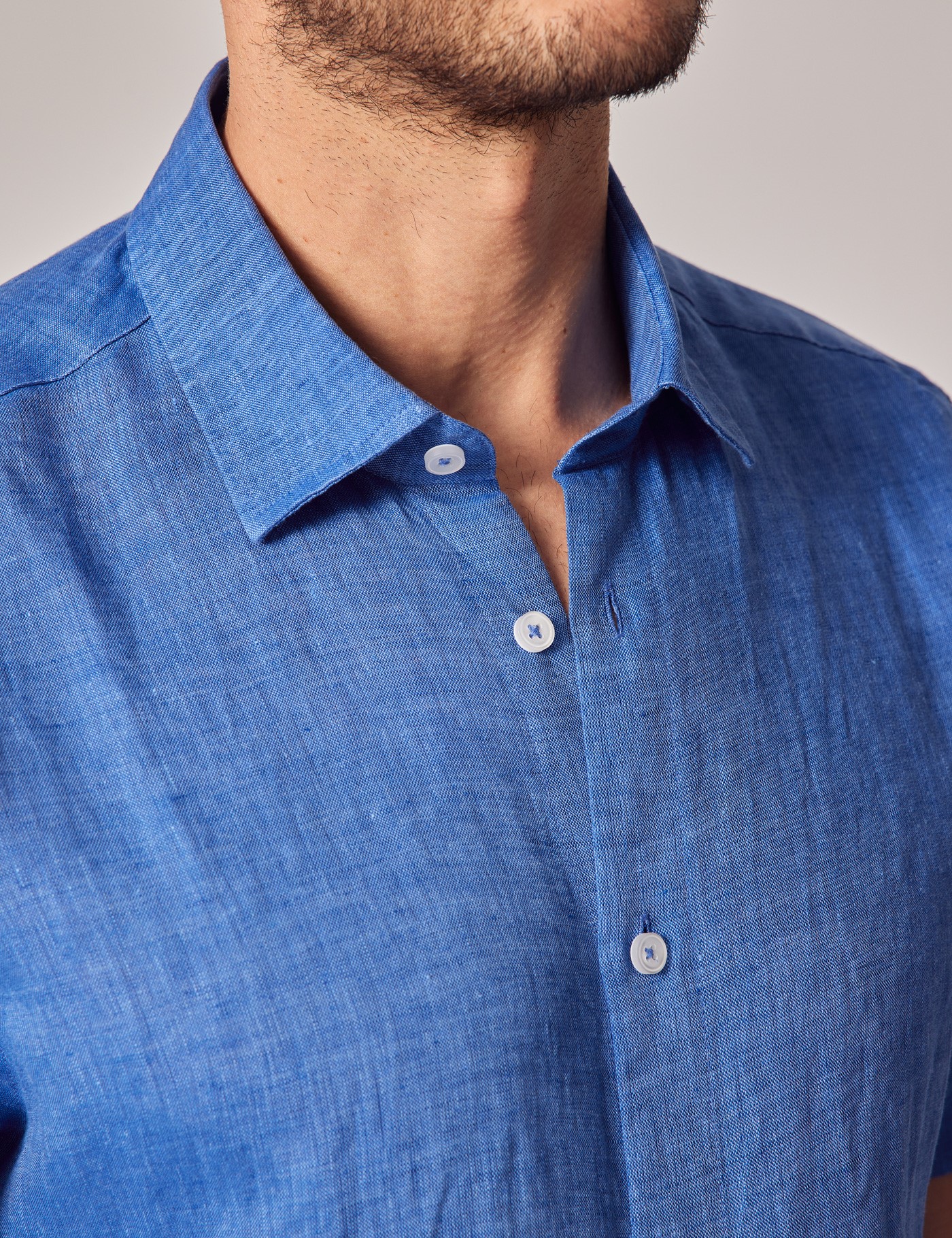 Men's Blue Linen Slim Short Sleeve Shirt