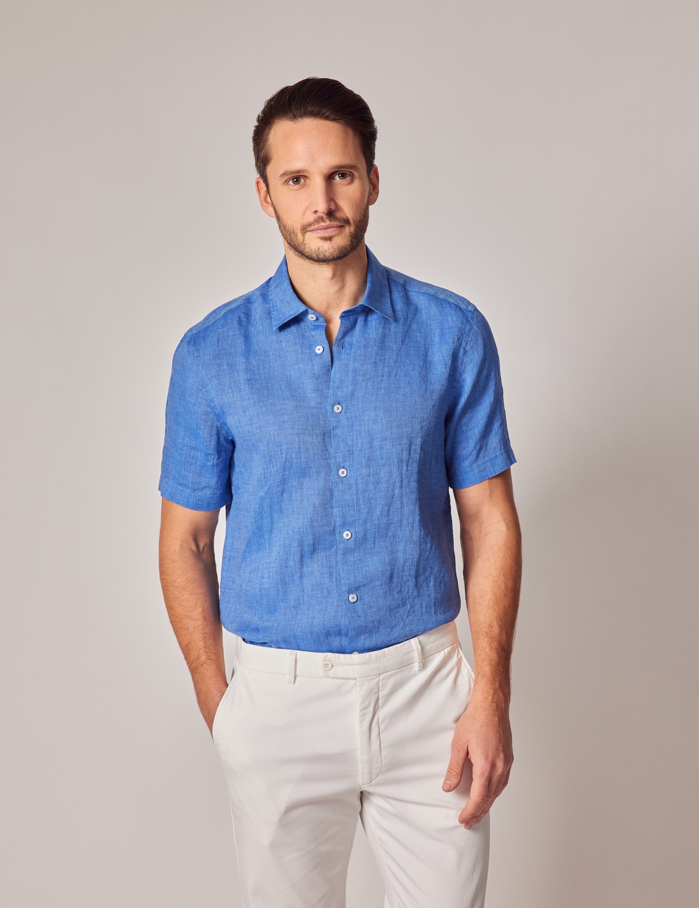 Men's Blue Linen Slim Short Sleeve Shirt