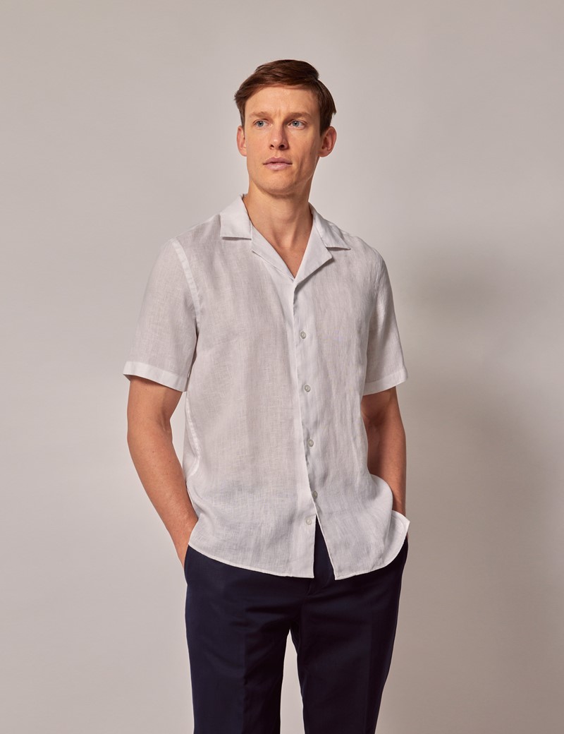 Men's White Linen Slim Short Sleeve Shirt - Revere Collar | Hawes & Curtis