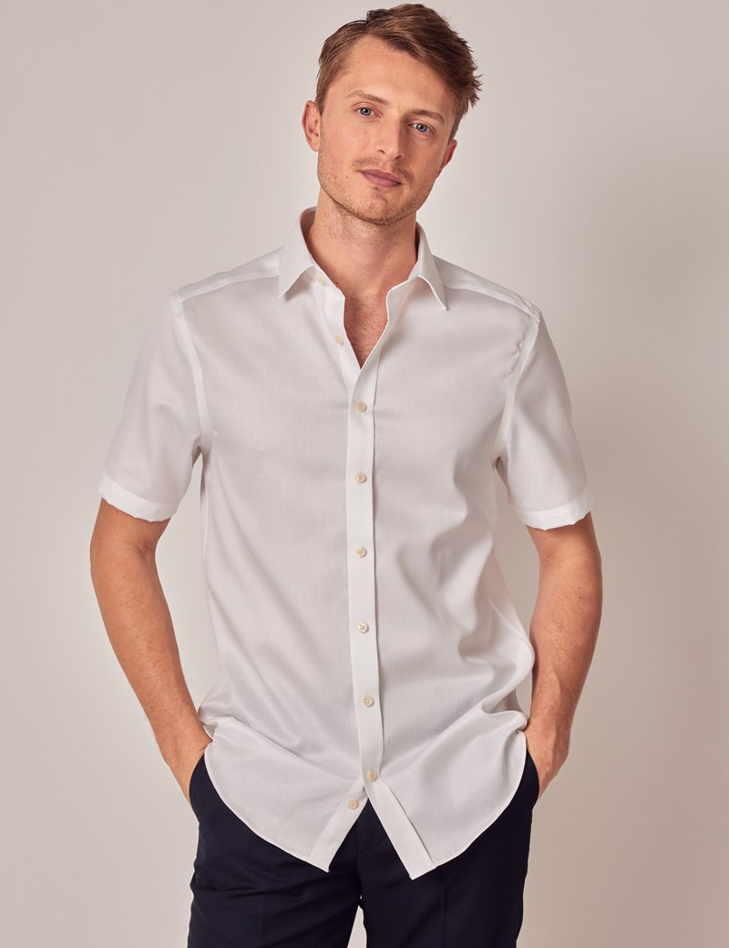Non Iron White Pique Slim Fit Short Sleeve Shirt | Hawes & Curtis
