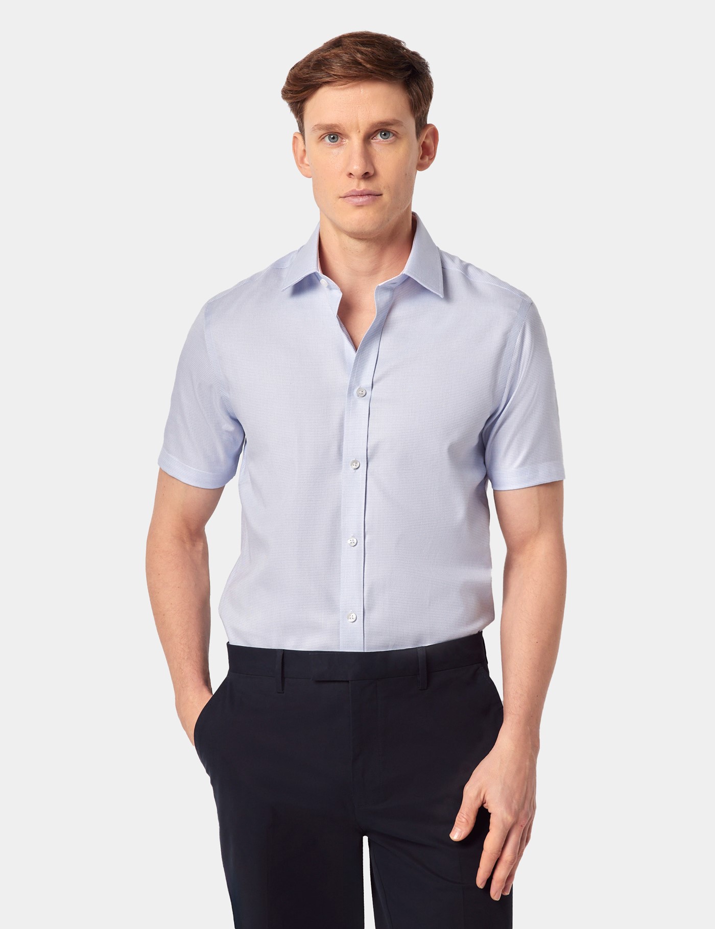 Hawes & Curtis Slim Fit Blue Textured Weave Shirt | Short Sleeve Size: Medium