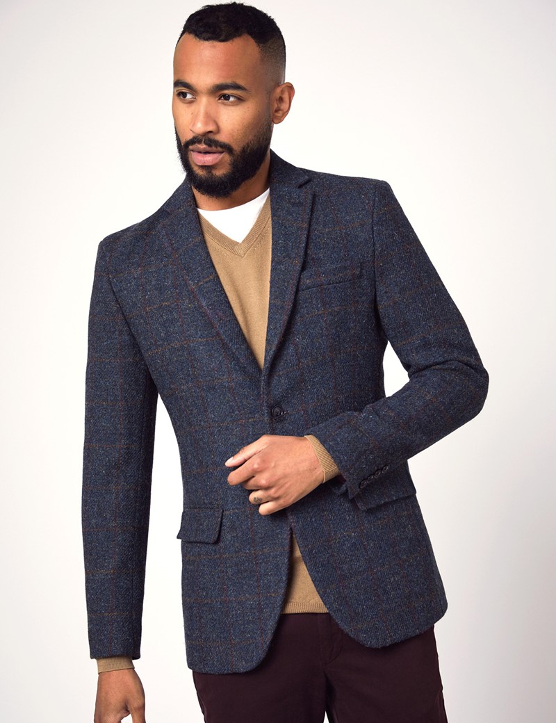 Men's Blue & Red Windowpane Plaid Harris Tweed Blazer - 100% Wool ...