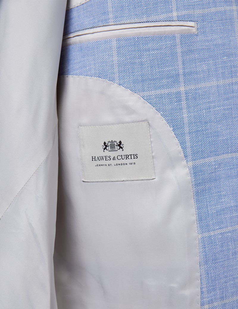 Linen Blend Men’s Check Slim Fit Jacket in Light Blue | Hawes & Curtis ...