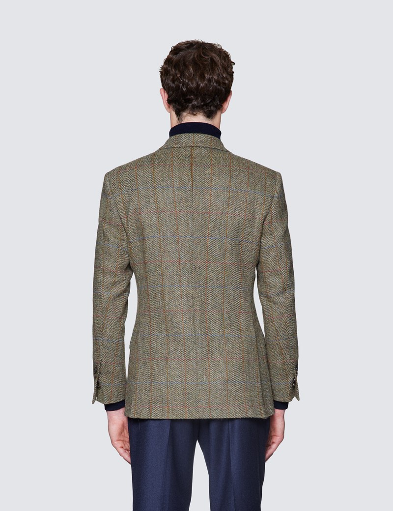 Men's Green & Red Herringbone Check Harris Tweed Blazer - 100% Wool