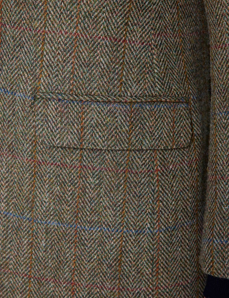 Tweedsakko – Tailored Fit – Schottischer Harris Tweed – Grün Rot Fischgrat Karo