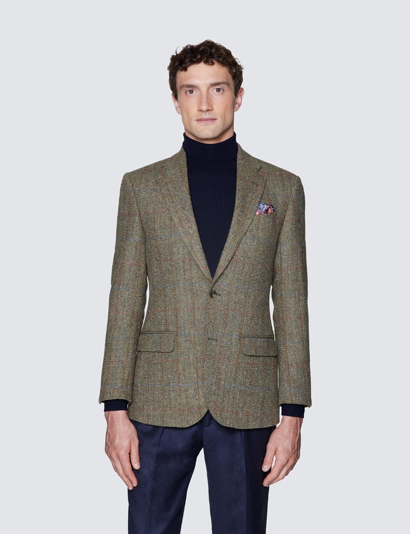 surfen negatief Marco Polo 100% Wool Herringbone Men's Harris Tweed Blazer in Green & Red | Hawes &  Curtis