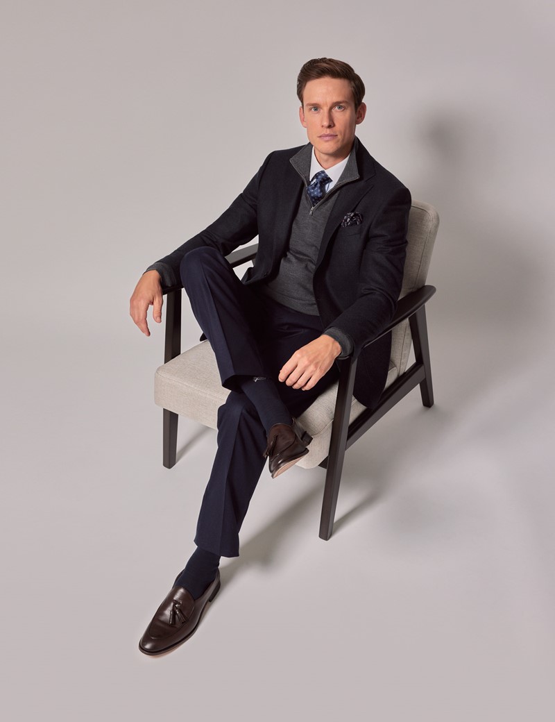 Men's Navy Dogtooth Cashmere Blazer | Hawes and Curtis