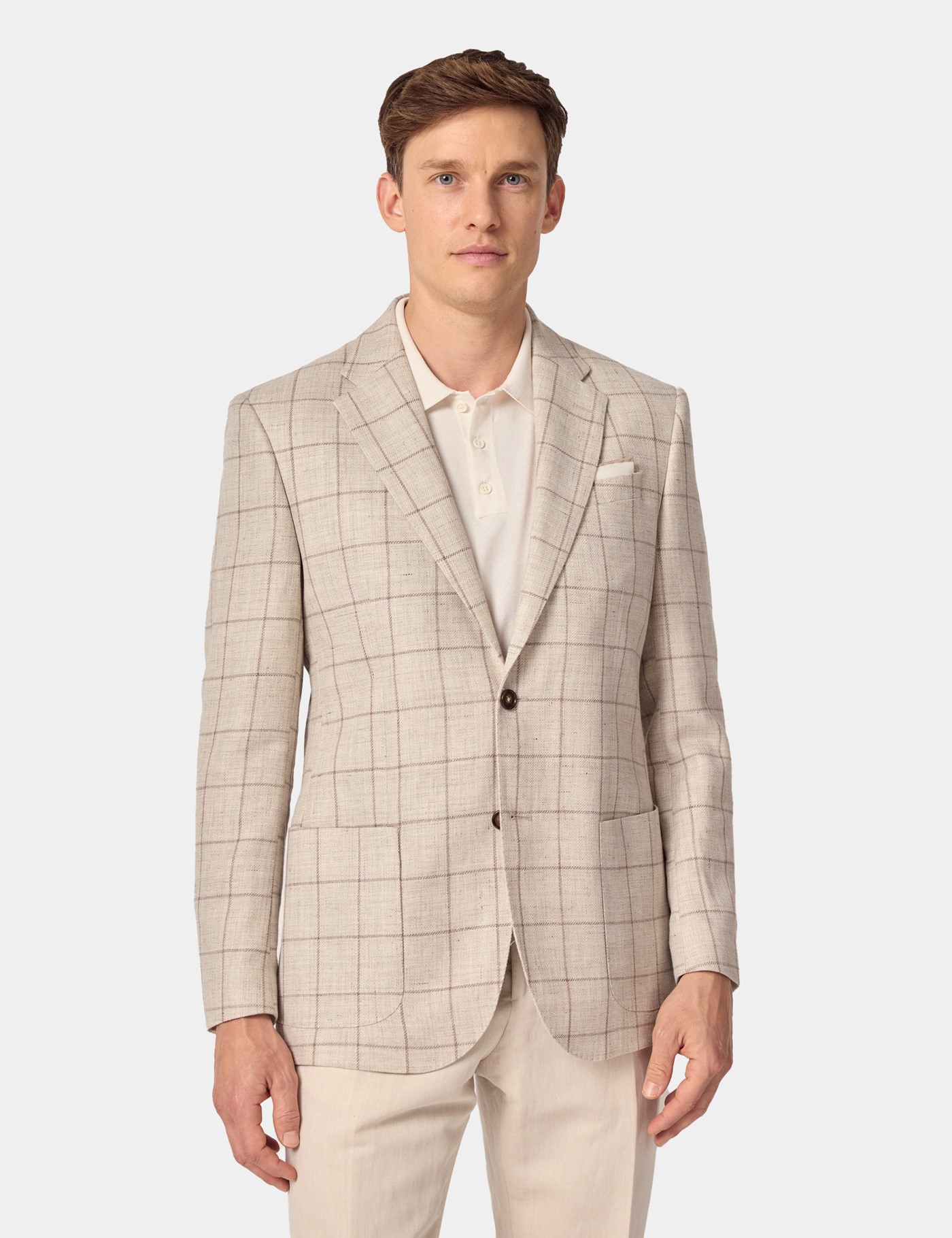 Hawes & Curtis Tailored Fit Beige Windowpane Check Linen-Wool Blend 1913 Blazer Size: 46 reg (EU 56)