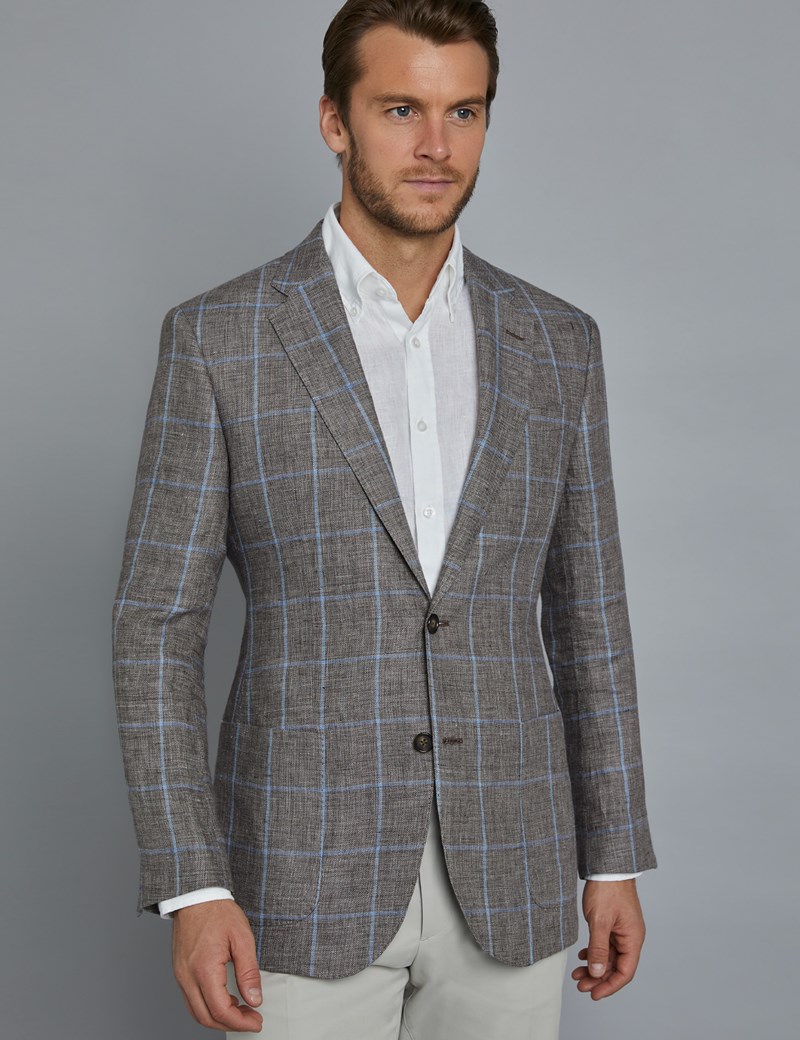 Men's Brown & Light Blue Windowpane Check Italian Linen Jacket - 1913 ...