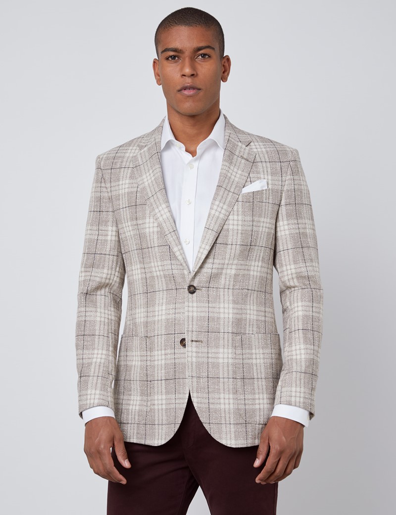 Italian Silk Linen Blend Men's Check Jacket in Cream | Hawes & Curtis | UK