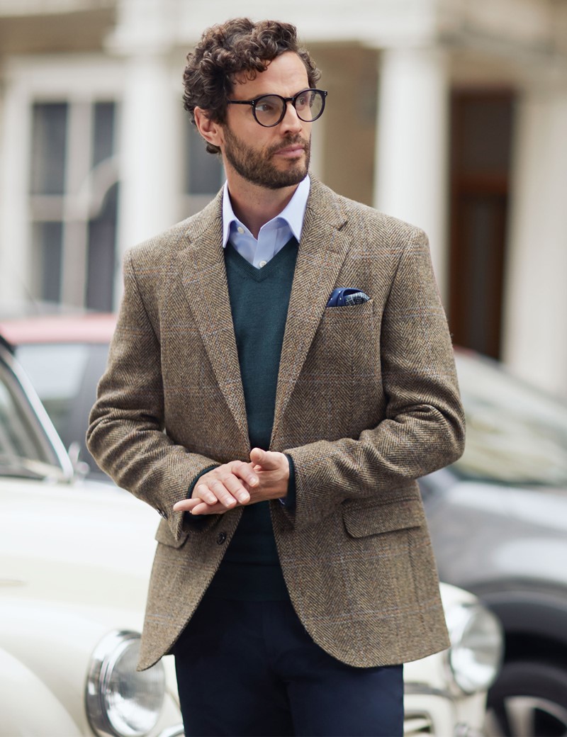 Mens Slim Fit Double-Breasted Tweed Men Suit Wool Jacket Smart Blazer Formal Suit