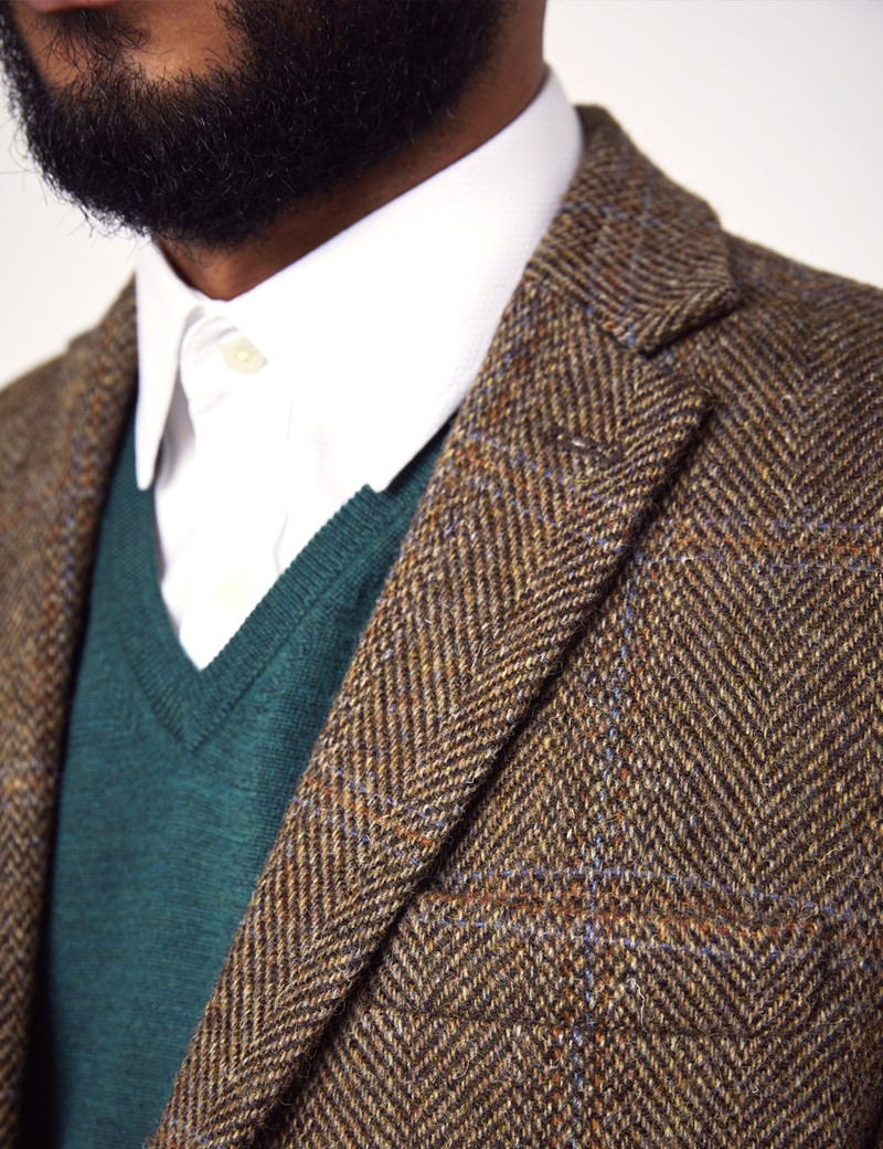 100% Wool Herrinbone Men's Harris Tweed Blazer in Brown & Blue | Hawes ...