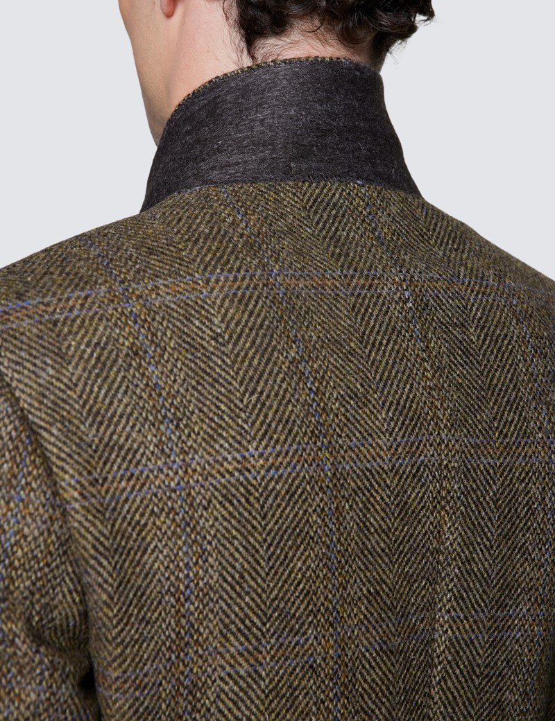 Men's Brown & Blue Herringbone Check Harris Tweed Blazer - 100% Wool