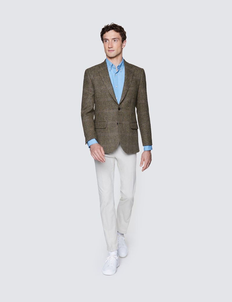 Men's Brown & Blue Herringbone Plaid Harris Tweed Blazer - 100% Wool