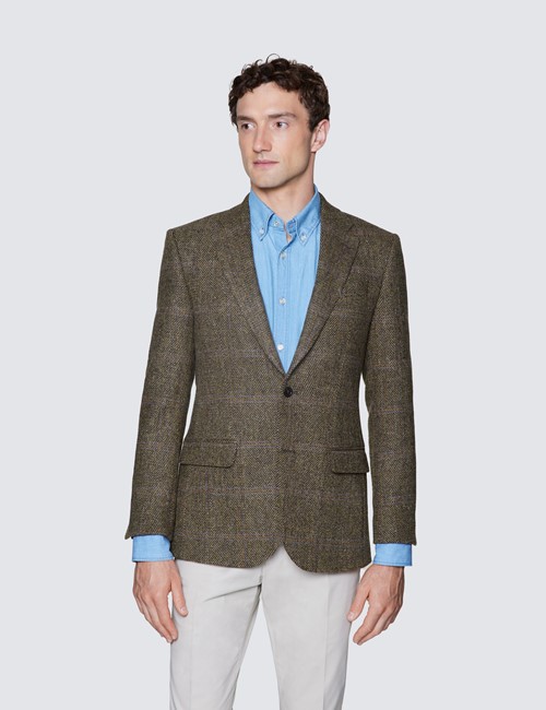 Tweedsakko – Tailored Fit – Schottischer Harris Tweed – Braun-Blau Fischgrat-Karo