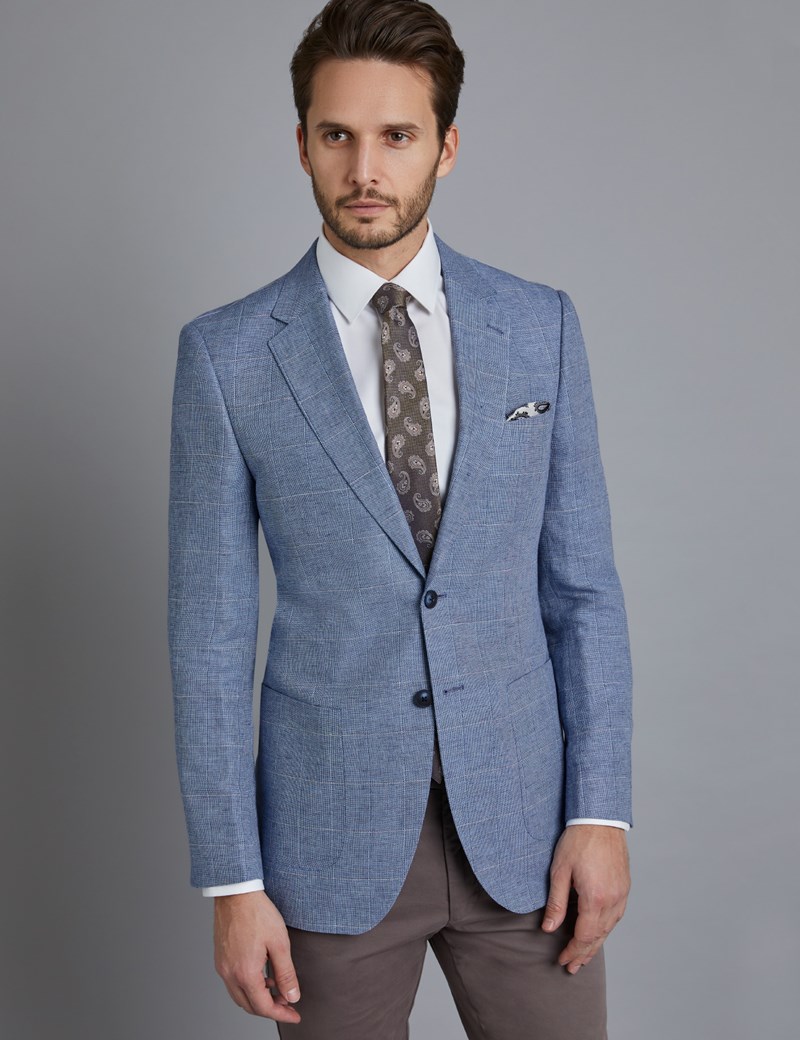 Mens Light Blue Check Linen And Cotton Blend Slim Fit Jacket Hawes