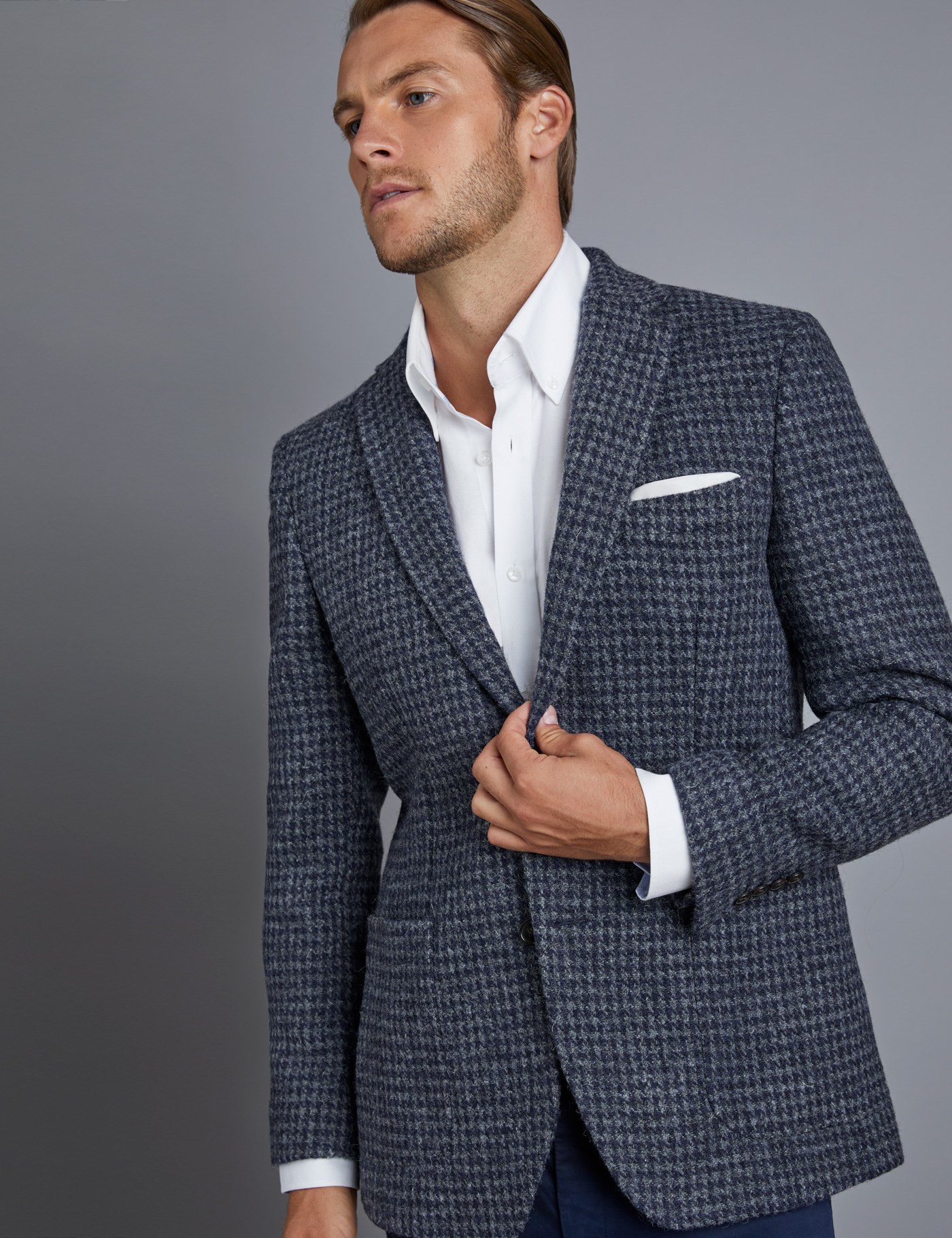 Men’s Blue & Grey Dogtooth Harris Tweed Jacket Hawes and Curtis