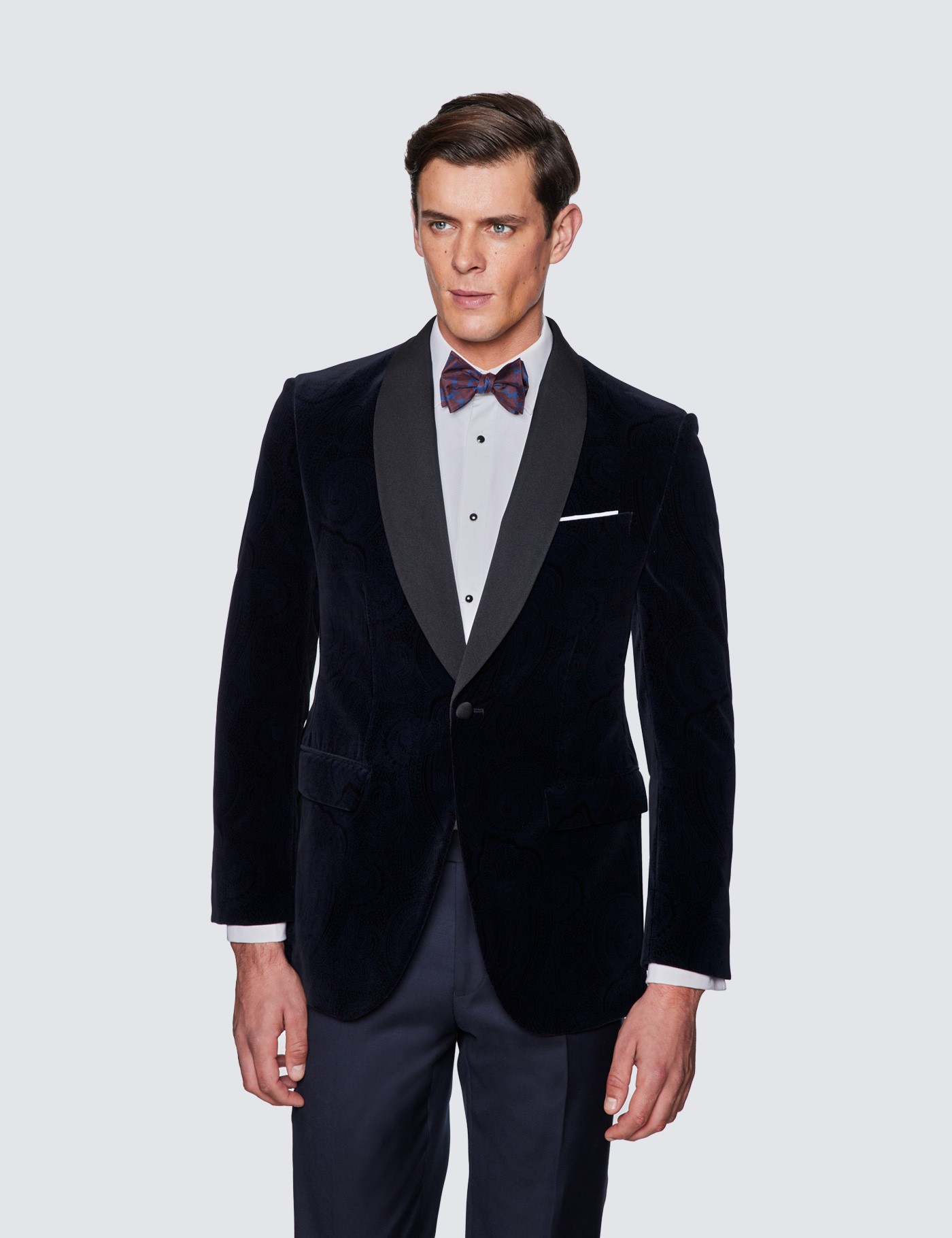 Printed Paisley Velvet Tuxedo Jacket - 1913 Collection in Black | Hawes ...
