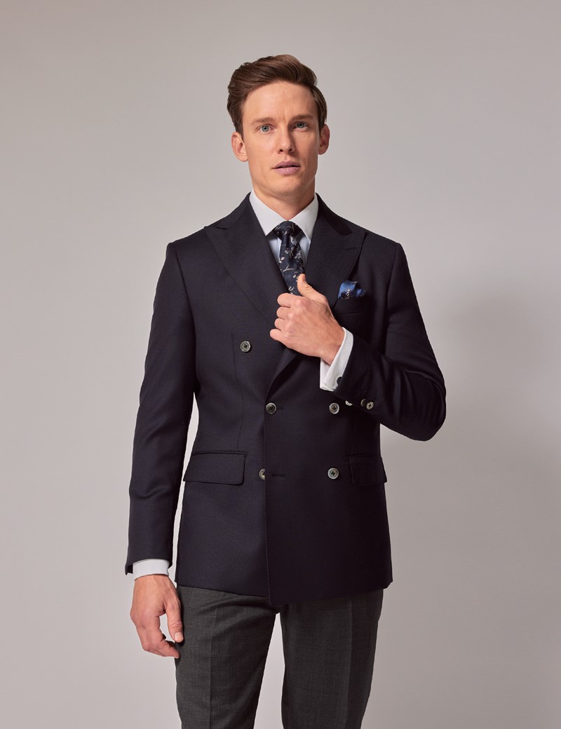 Men's Navy Wool Hopsack Double Breasted Blazer - 1913 Collection ...