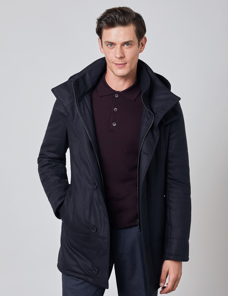 Wool Cashmere Quilted Men's Coat in Navy | Hawes & Curtis | USA