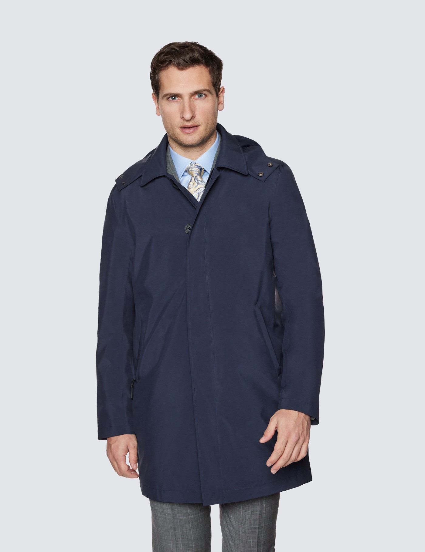 Navy Waterproof Raincoat with Detachable Hood | Hawes & Curtis