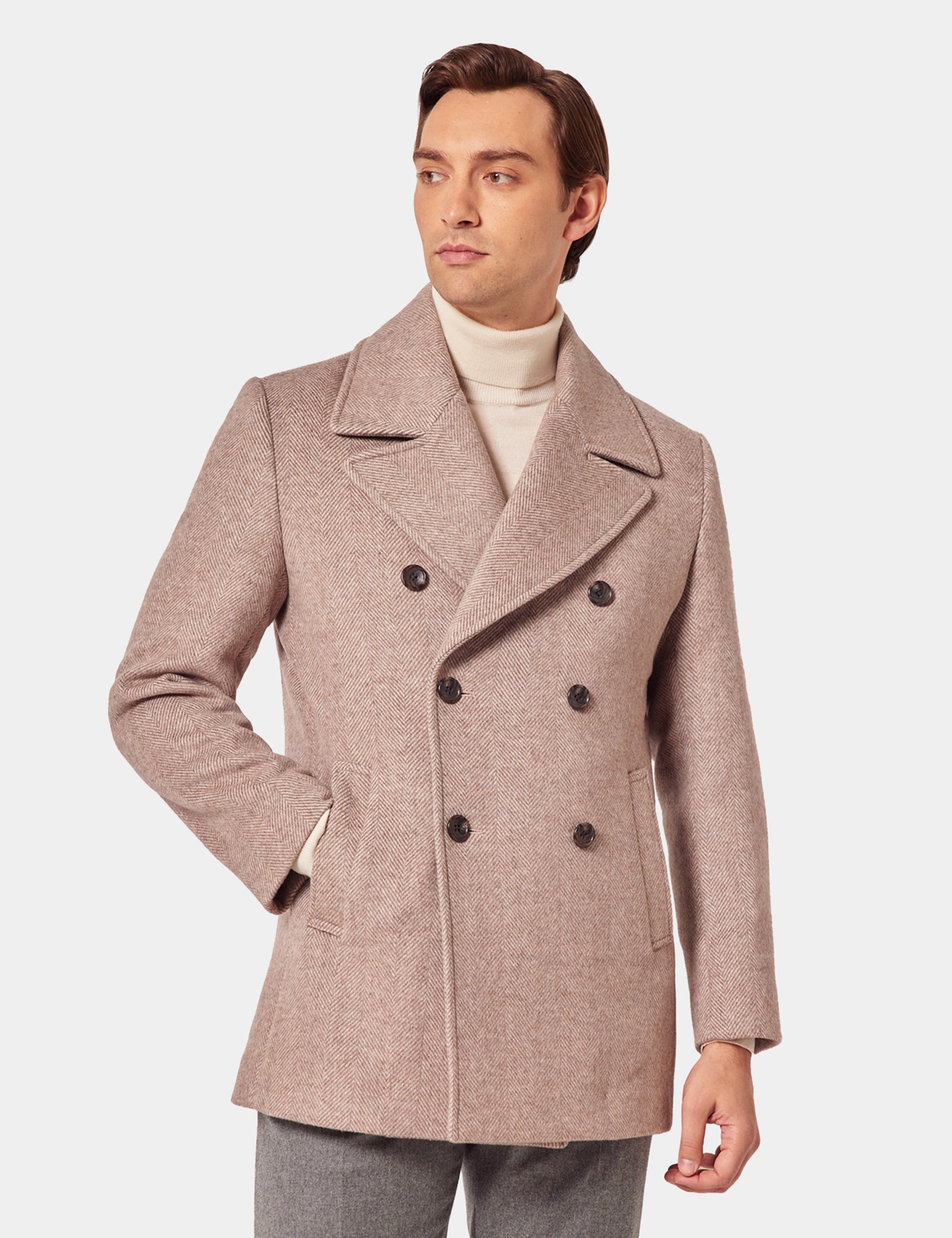 Hawes & Curtis Taupe Herringbone Peacoat Size: 46 reg (EU 56)