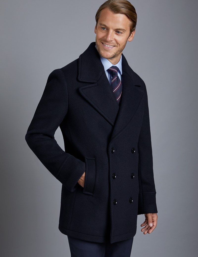 Men’s Navy Wool Double Breasted Reefer Jacket | Hawes & Curtis