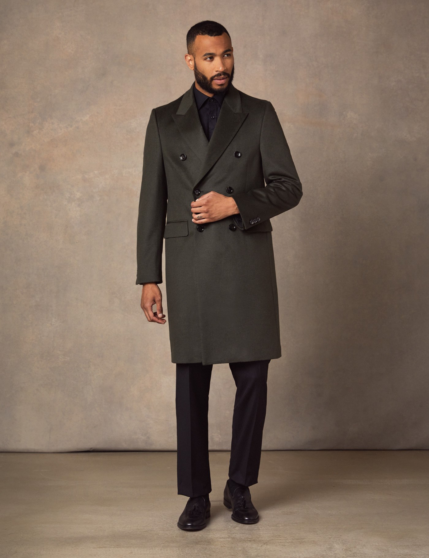 Men’s Double Breasted Green Wool Cashmere Overcoat Hawes & Curtis