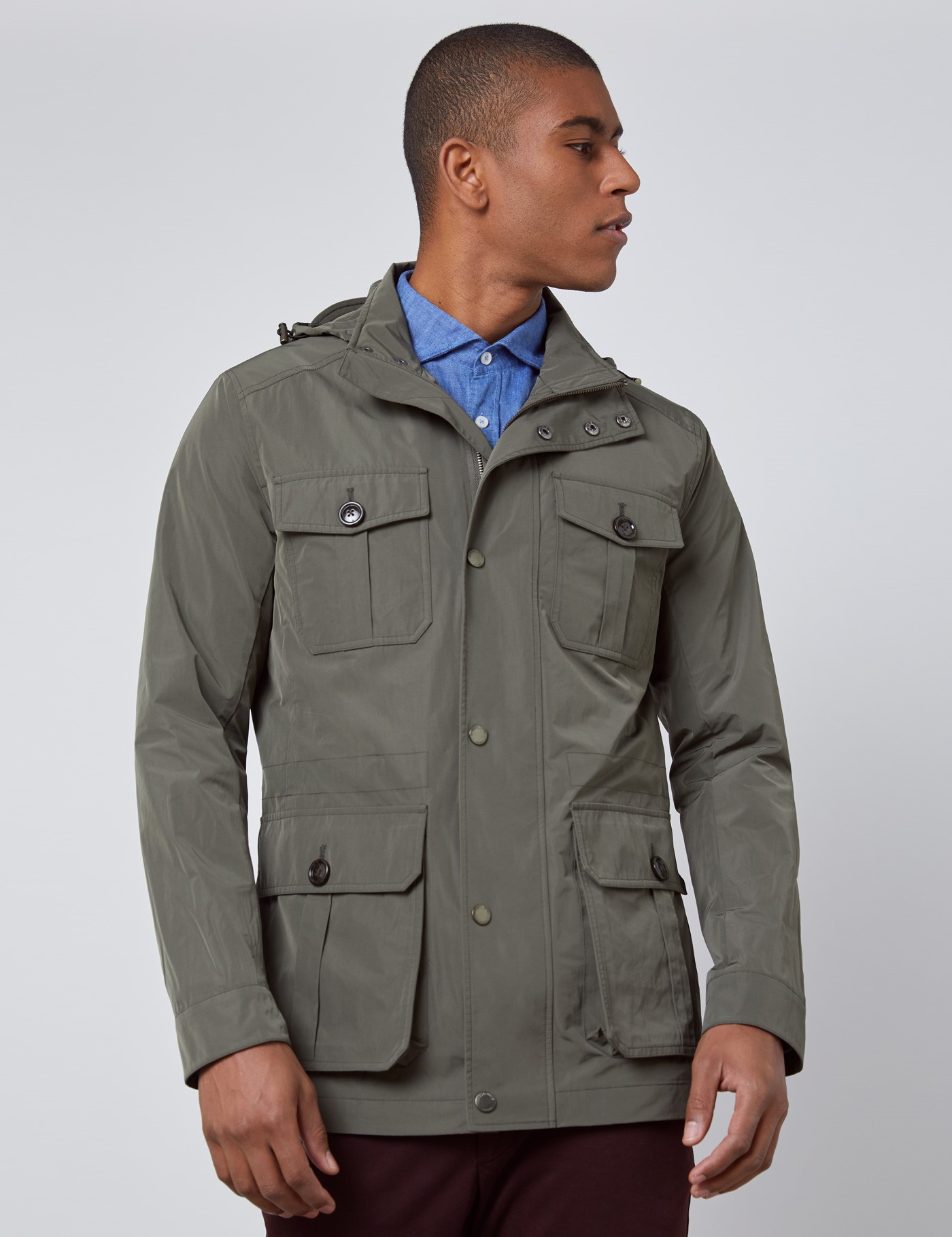 Weather Resistant Menâs Field Jacket with Removable Hood in Green| Hawes & Curtis | USA