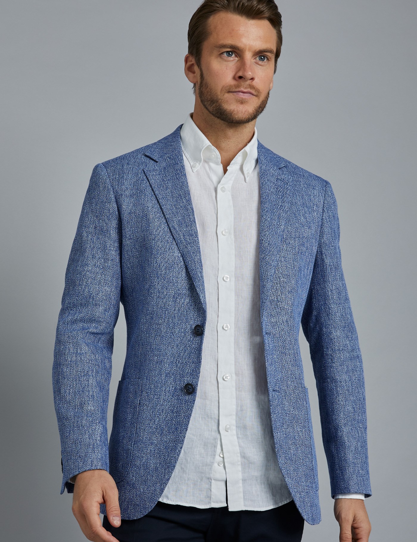 Men’s Mid Blue Cotton Linen Blend Slim Fit Jacket | Hawes & Curtis