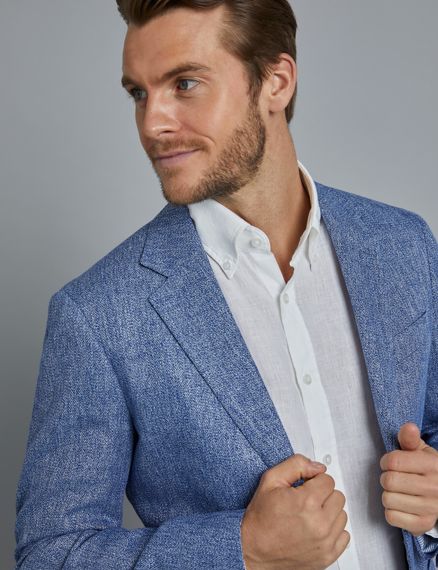 Men’s Mid Blue Cotton Linen Blend Slim Fit Jacket | Hawes & Curtis