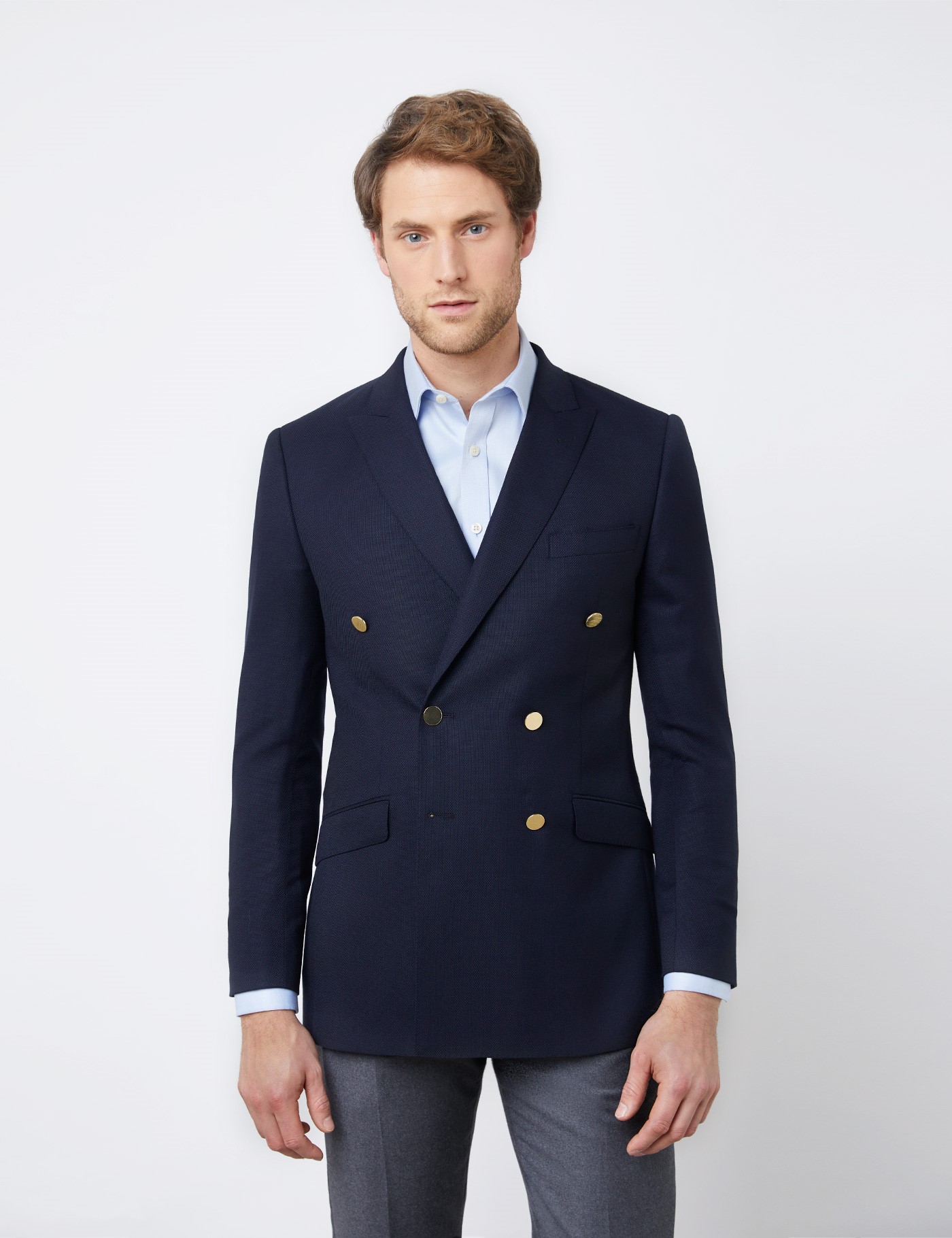100% Wool Men’s Double Breasted Blazer with Double Back Vent in Navy