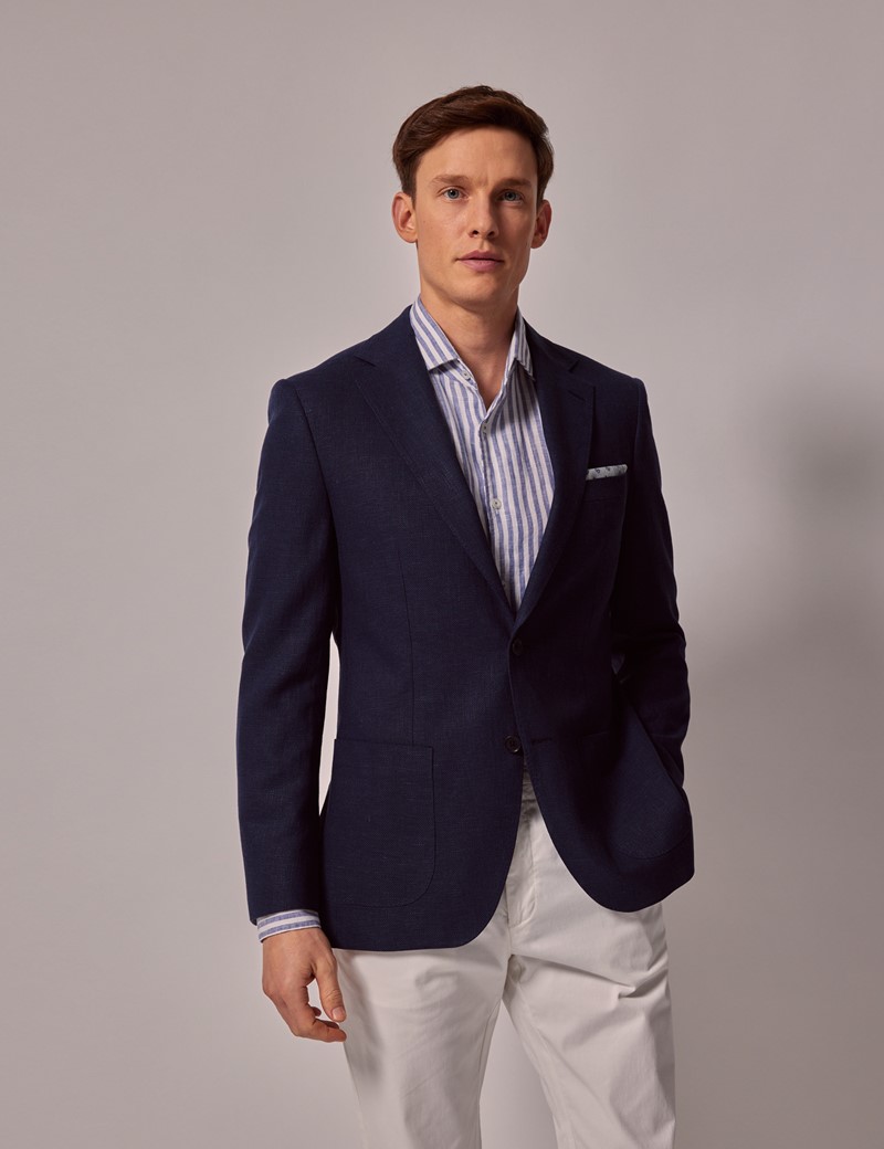 Men's Navy Cotton Linen Blazer | Hawes and Curtis