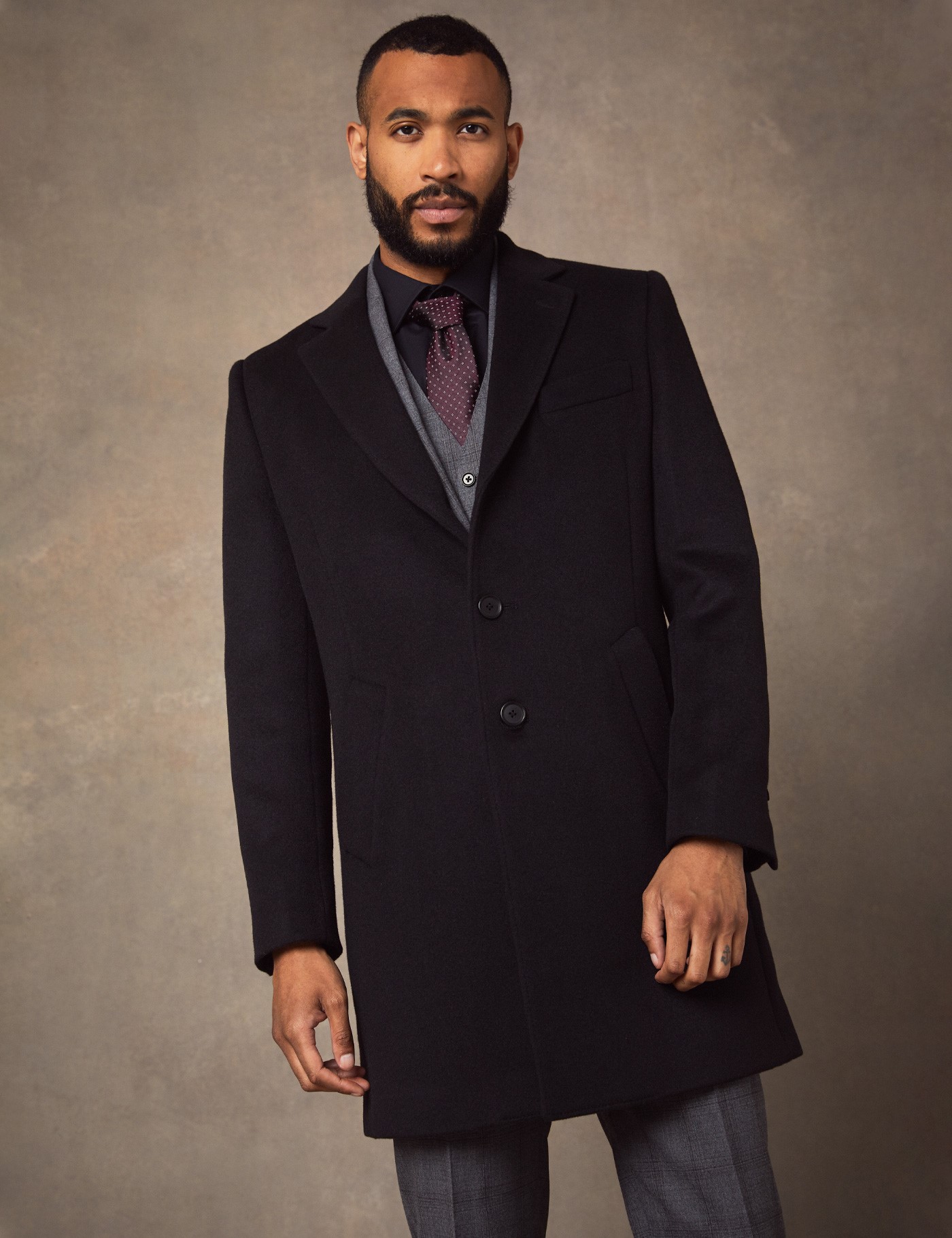 100% Wool Men’s Overcoat with Single Back Vent in Black | Hawes ...