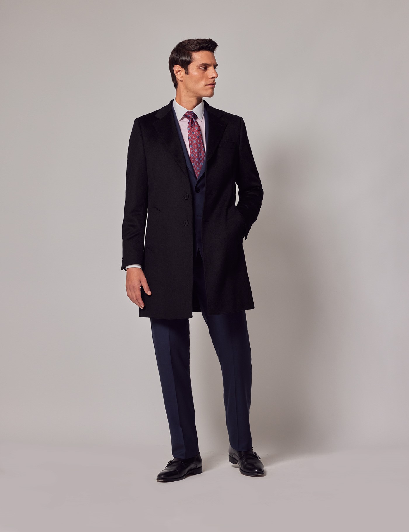 Men’s Black Wool Overcoat with Back Vent | Hawes & Curtis