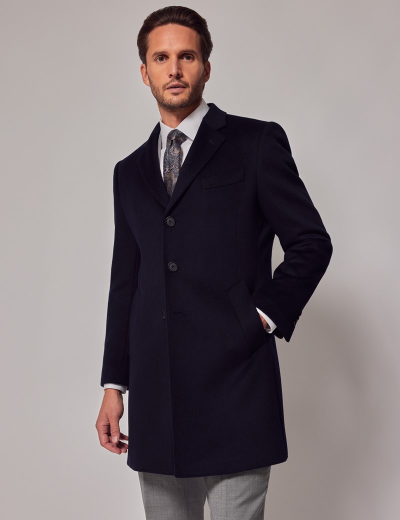 Men’s Navy Wool Overcoat with Back Vent | Hawes & Curtis
