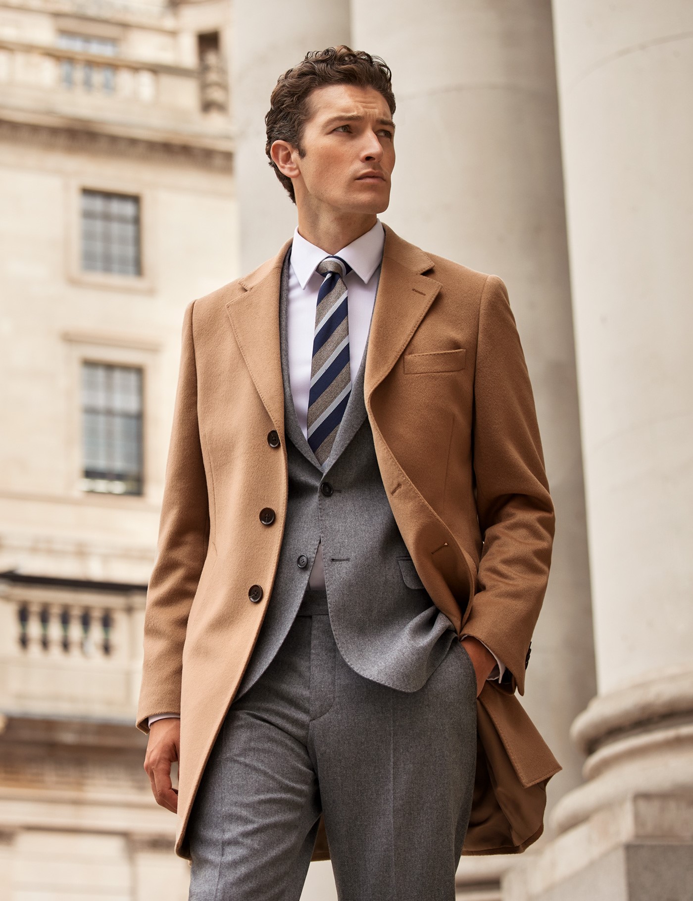 Men’s Tan Overcoat with Single Back Vent | Hawes & Curtis
