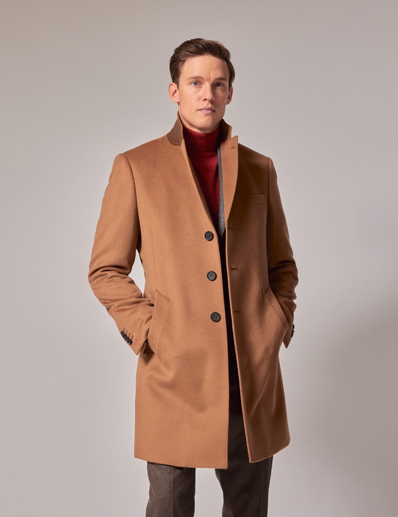 Men’s Tan Overcoat with Single Back Vent | Hawes & Curtis