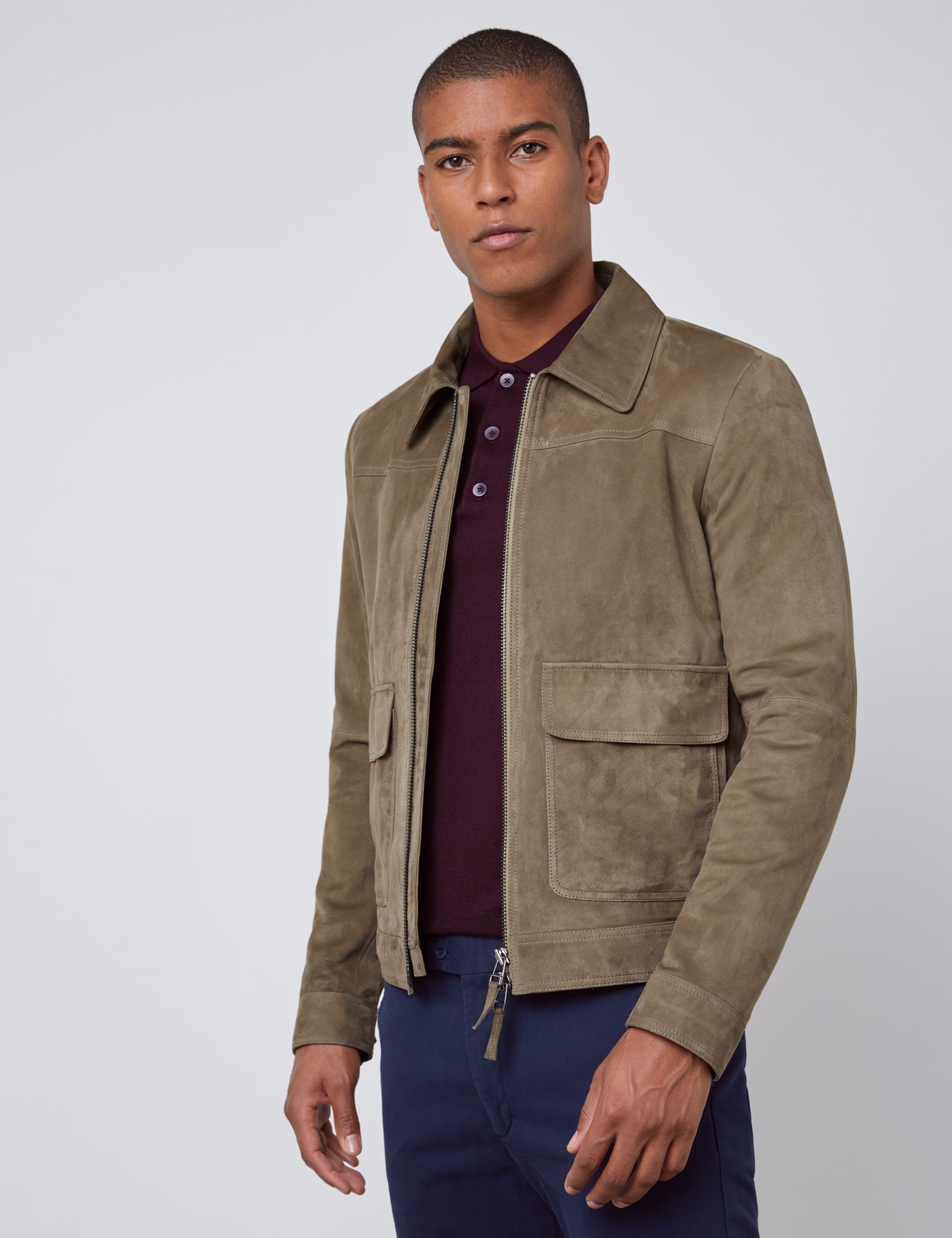 Men’s Taupe Slim Fit Luxury Suede Jacket | Hawes & Curtis