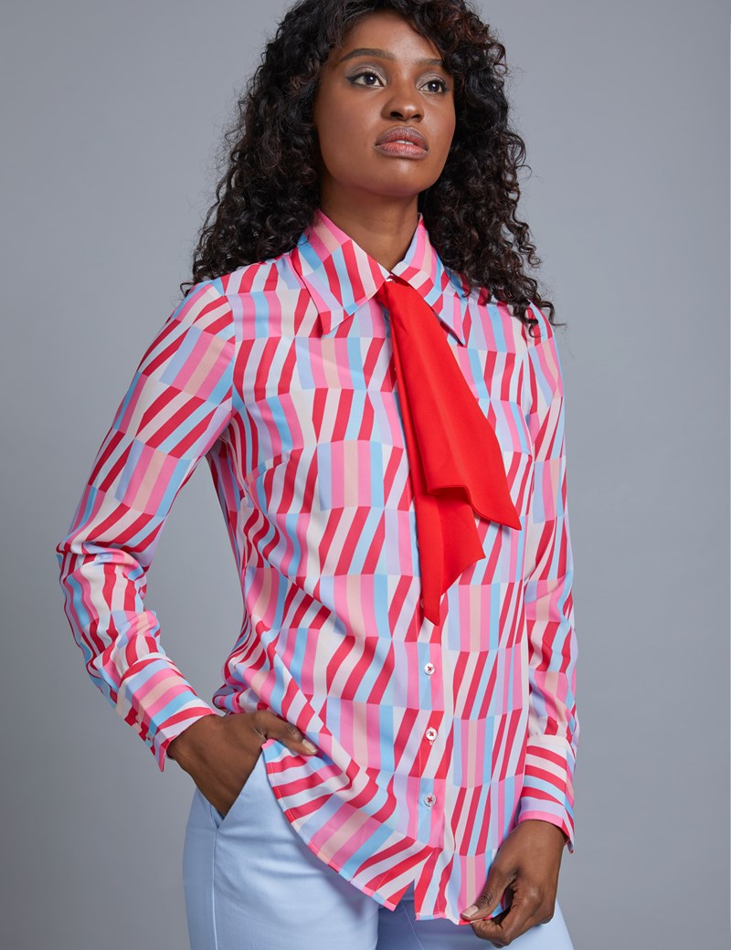 Women's Pink & Blue Geometric Design Semi Fitted Blouse With Neck Tie ...