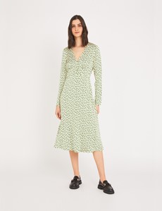 Midi-Kleid mit Knöpfen – Satin – Langarm – beige mit grünem Muster