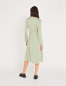 Midi-Kleid mit Knöpfen – Satin – Langarm – beige mit grünem Muster