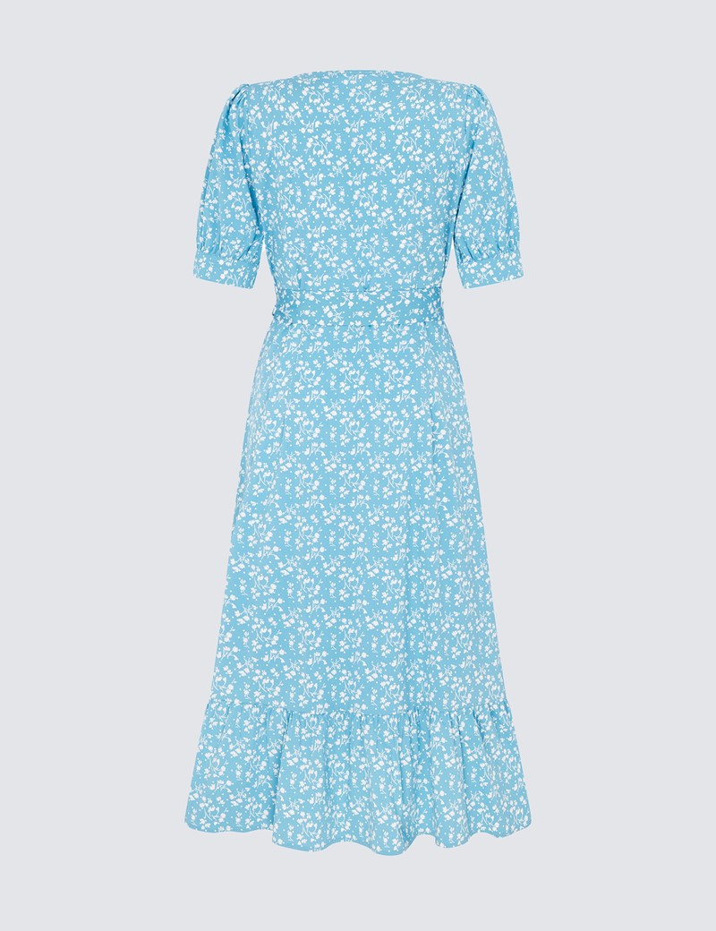 Kleid mit Schleife – Baumwollstretch – Midi-Länge – blau-weiß mit Blumen